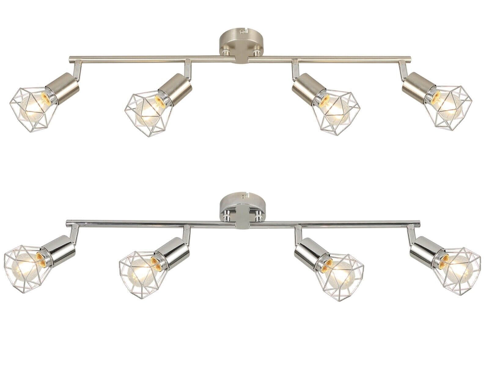 Cage ceiling light industrial 4-way fitting with rotatable shades in chrome and satin finishes, energy-efficient LED technology.