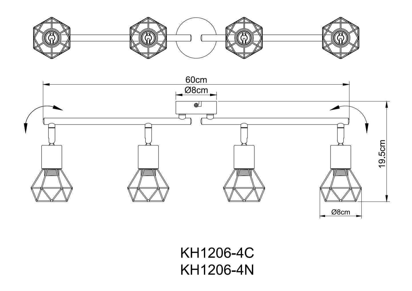 Diagram of UKEW Cage Ceiling Light Bar with Four Rotatable Shades in Chrome or Satin Finish, 60cm Length, and LED Technology