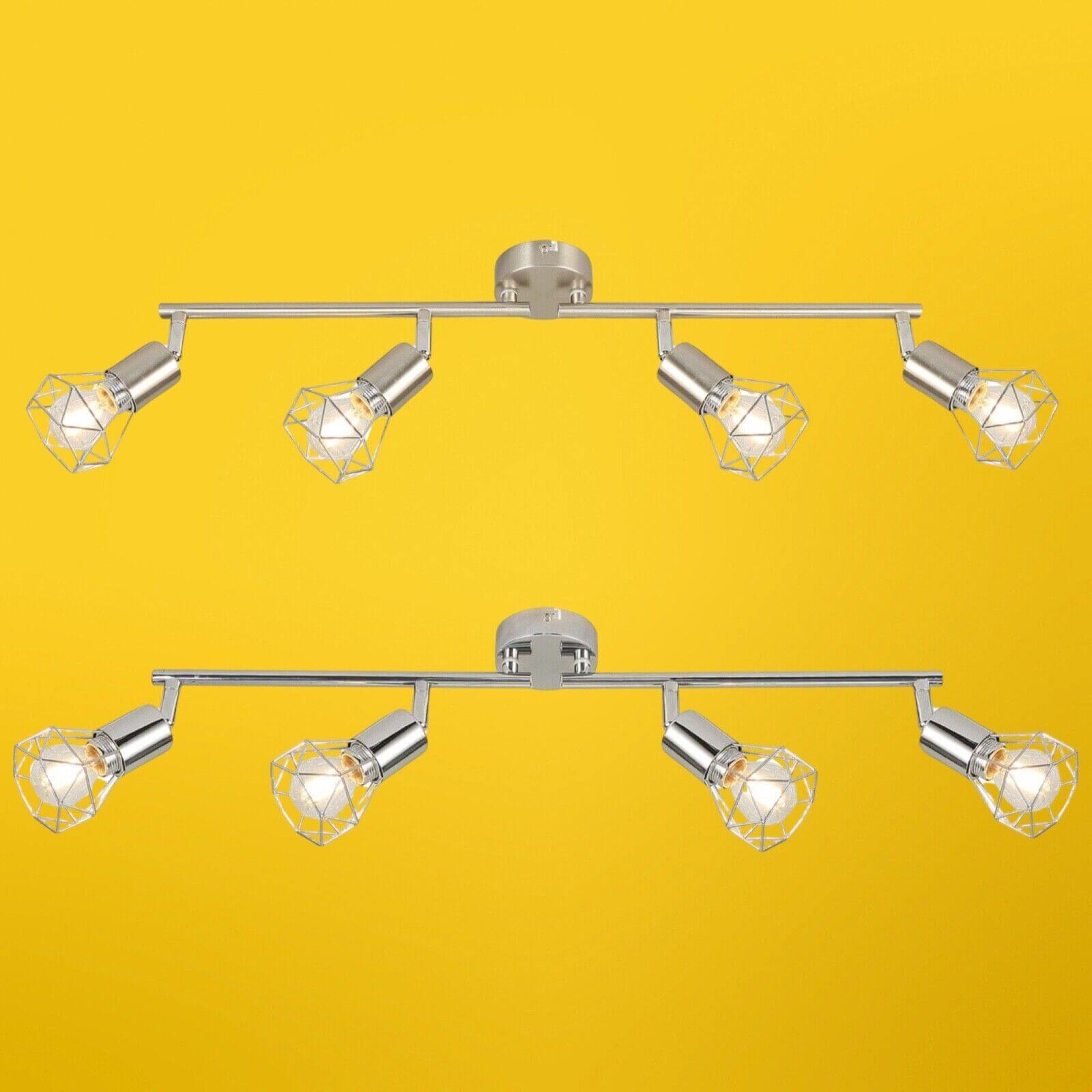 Cage ceiling light with 4-way fitting and rotatable shades in chrome finish against a yellow background.