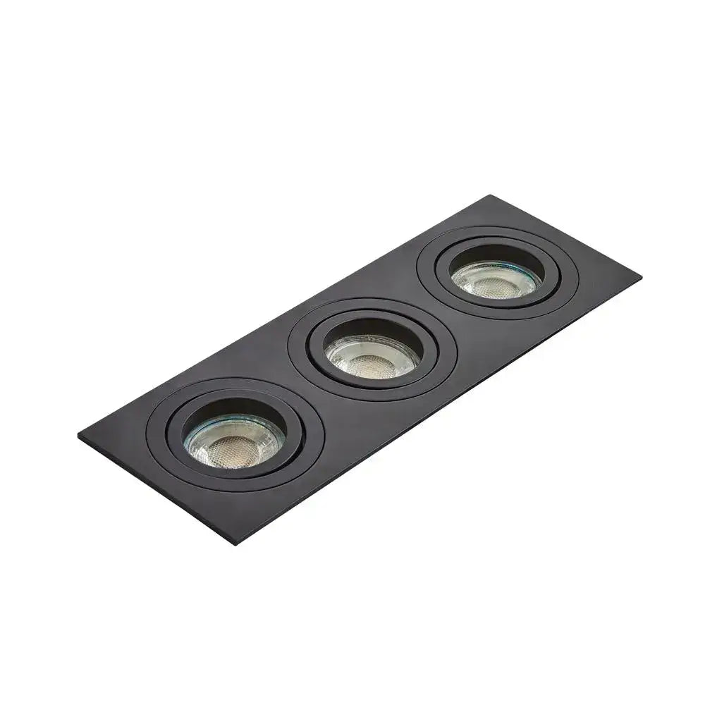 Square Triple GU10 Recessed Downlight Tilt in Matt Black for modern interiors, compatible with various bulbs, minimalist design.