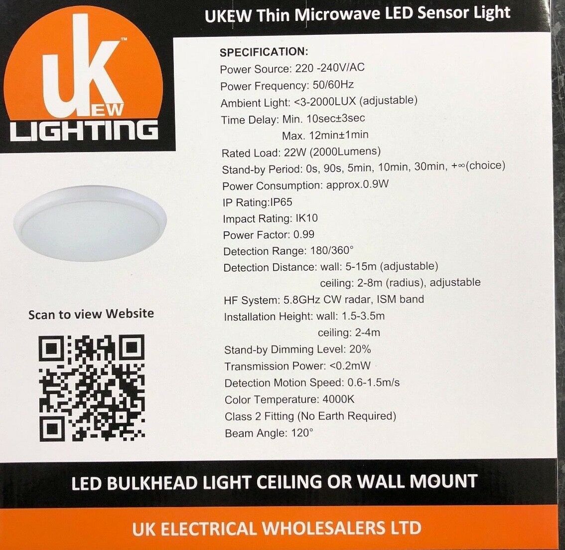 22w Ultra slim thin bulkhead LED microwave sensor Light, IP 65, IK10, 4000K UKEW®
