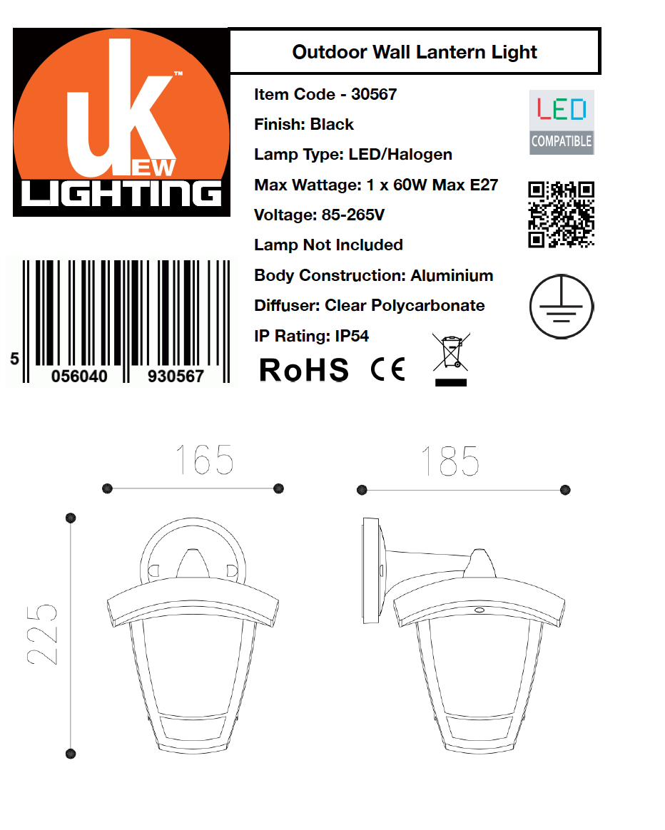 WallLight Lantern Glass Stainless Steel Grey Finish IP54 Outdoor UKEW®