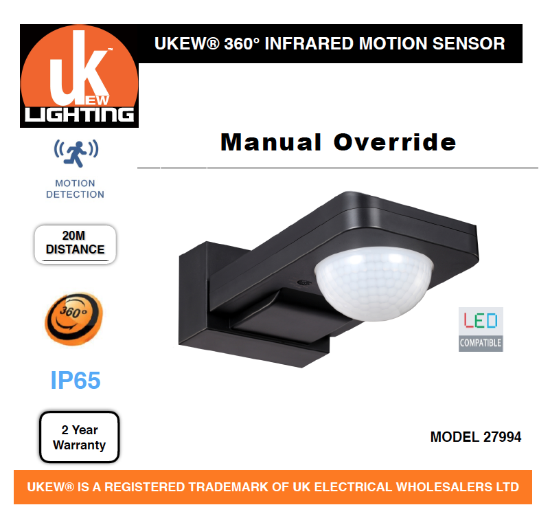 PIR Infrared Motion Sensor Black Outdoor 360 Degree manual override  IP65 UKEW