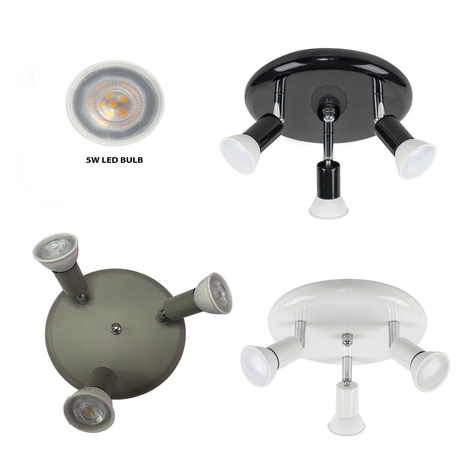 3 Way Flush Ceiling Light Fitting Spot Light White / Grey / Black LED lamp UKEW