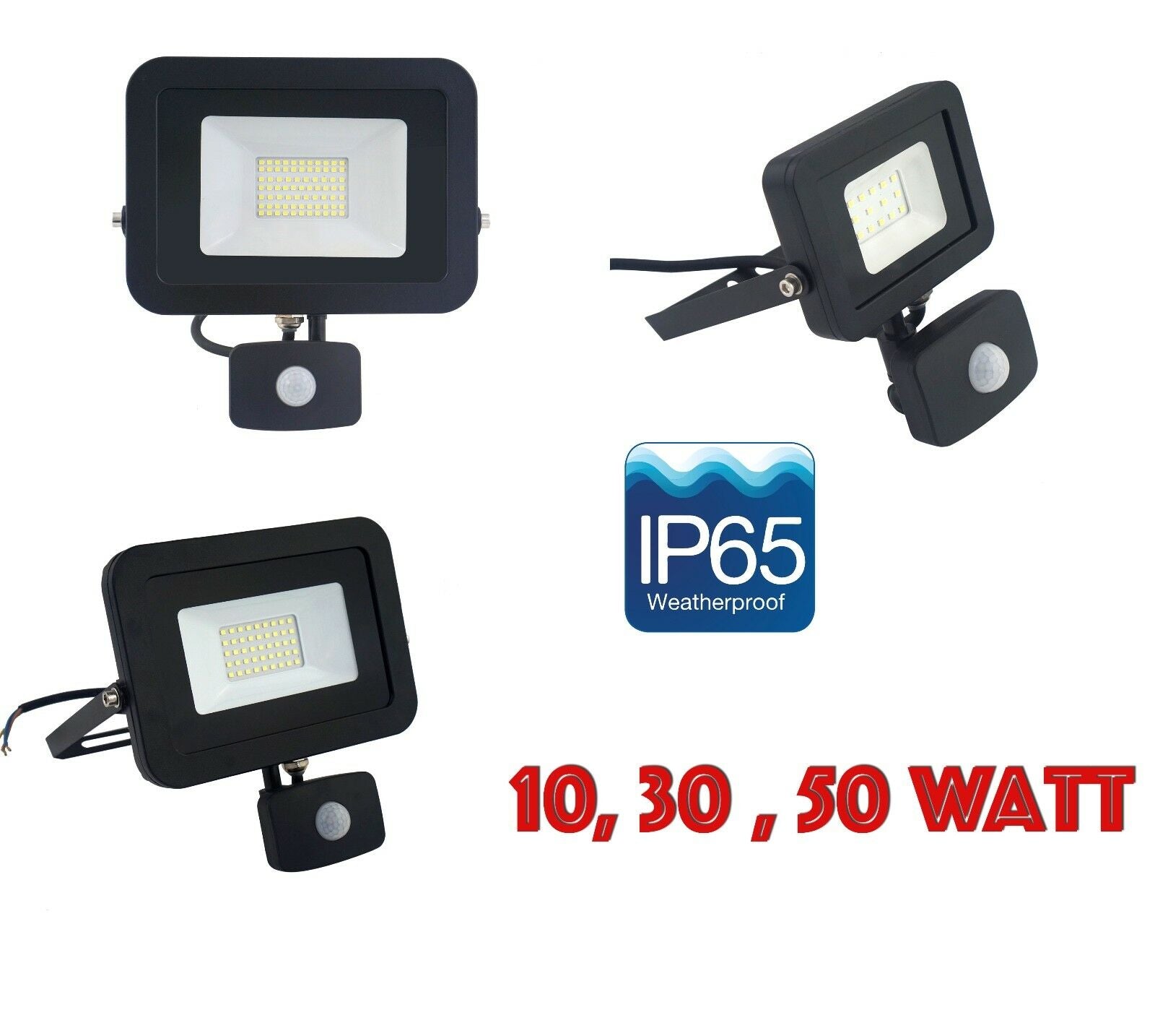 UKEW Slim LED Floodlight 10, 30, 50 Watt, PIR Sensor, Rain safe, Black,IP65 UKEW