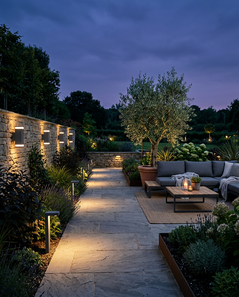 Garden terrace at blue hour lit by outdoor wall and path lights
