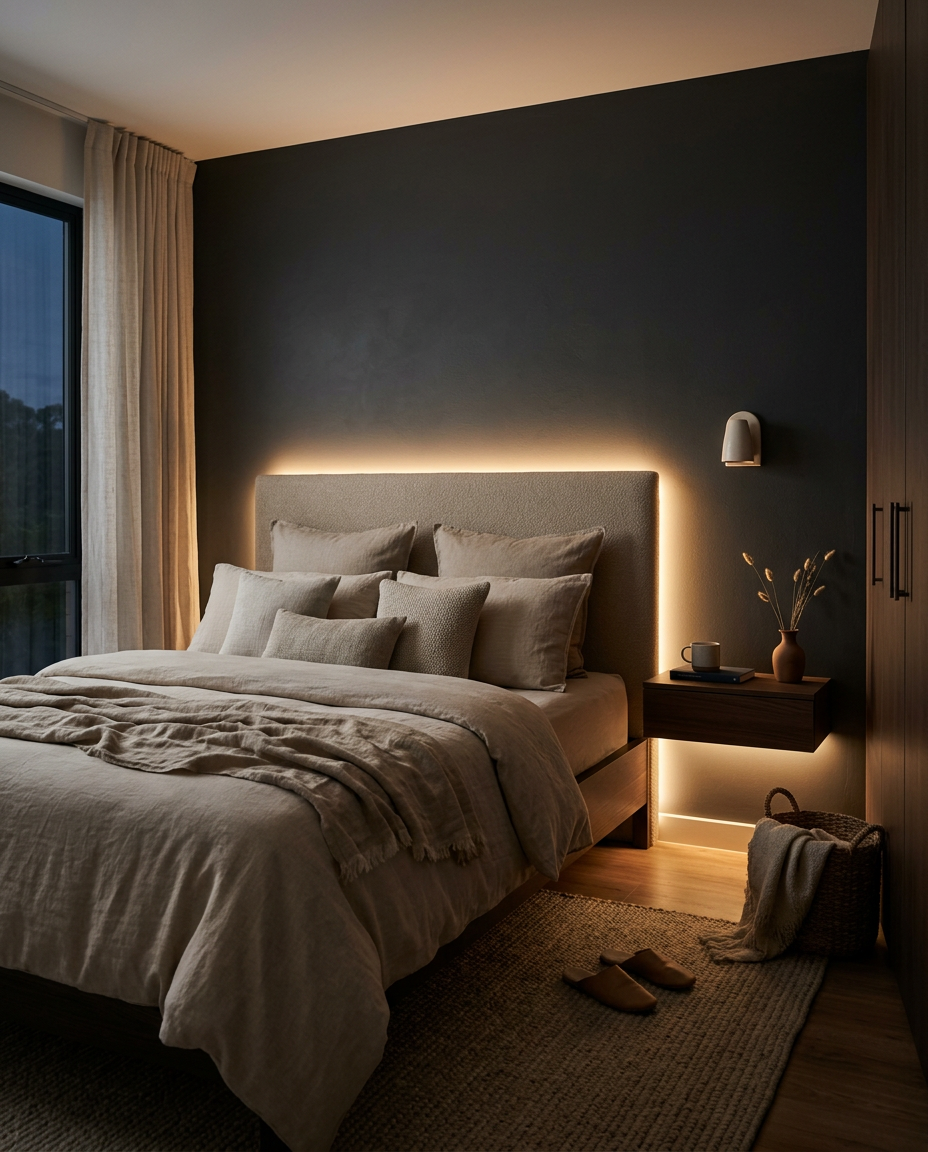 Calm bedroom with warm LED strip light glowing behind the headboard