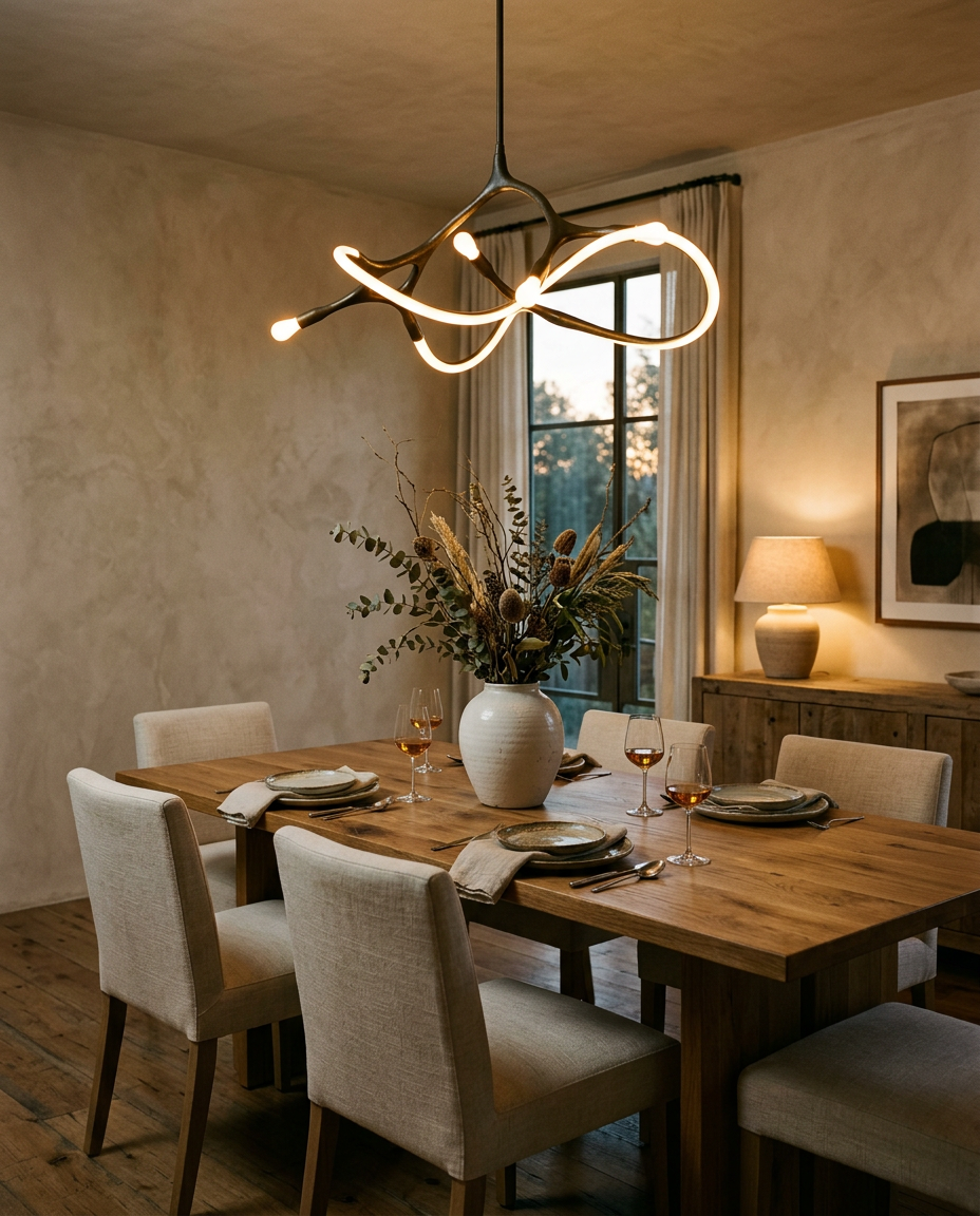 Sculptural pendant light glowing above an oak dining table