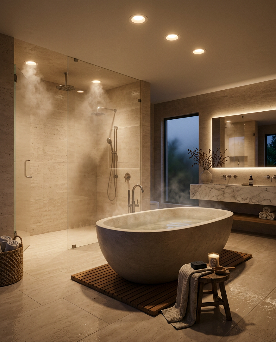 Spa-style bathroom with waterproof recessed downlights above a stone bath
