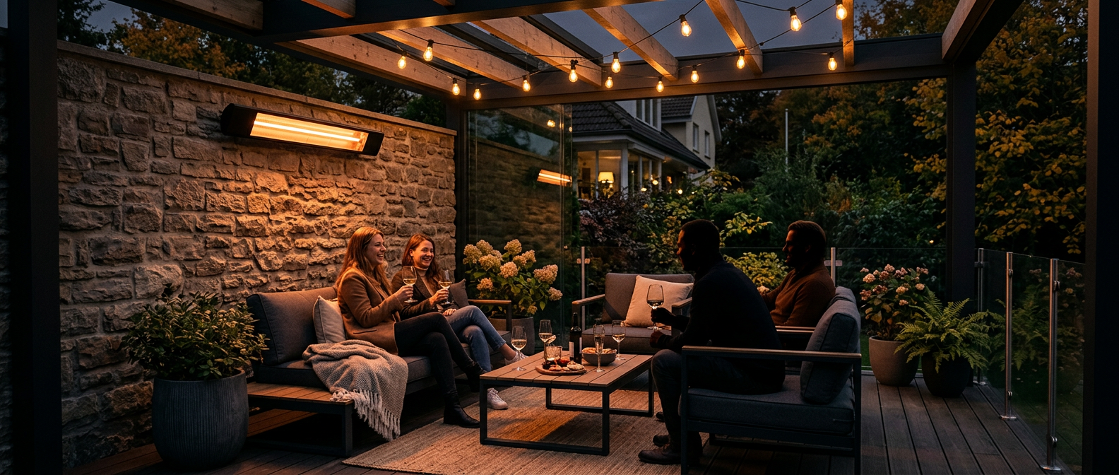 Covered outdoor terrace in the evening warmed by a wall-mounted infrared heater